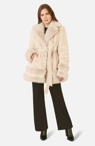 Yumi Luxe Faux Fur Tie Belt Swing Coat In Cream