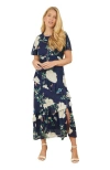 Yumi Mesh Bird And Floral Print Midi Dress In Blue