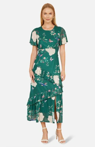 Yumi Mesh Bird And Floral Print Midi Dress In Multi