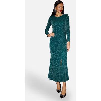 Yumi Mesh Fitted Ruched Midi Dress In Green