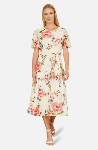 Yumi Mesh Floral Print Midi Dress In Neutral