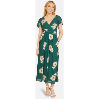 Yumi Mesh Flower With Pockets Wrap Midi Dress In Green