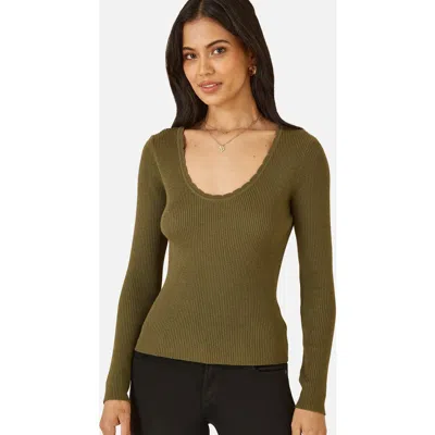 Yumi Metallic Knitted Ribbed Top In Olive Green