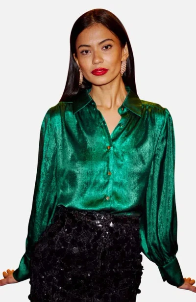 Yumi Metallic Relaxed Balloon Sleeve Shirt In Green