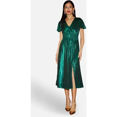 Yumi Metallic Ruched Midi Dress In Green