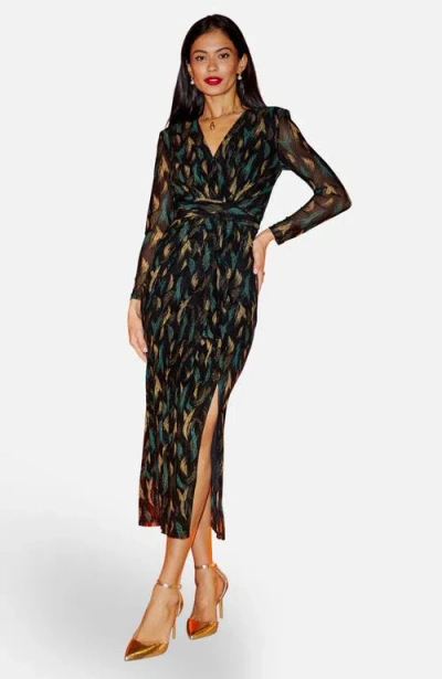 Yumi Metallic Sparkle Mesh Wrap Midi Dress In Black