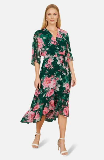 Yumi Midi Dip Hem Wrap Midi Dress In Multi