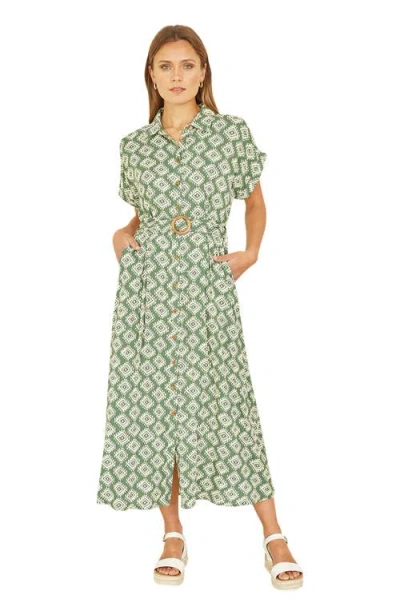 Yumi Midi Shirt Dress With Matching Belt In Green