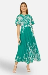 Yumi Mirror Floral Design Pleated Midi Dress In Green