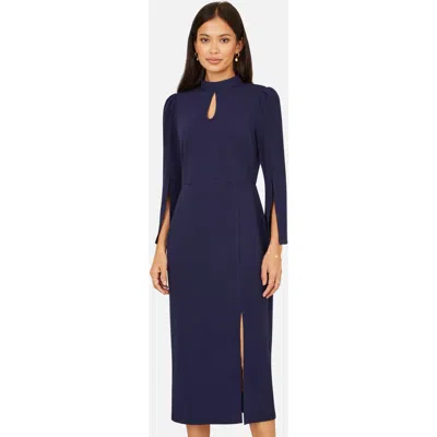 Yumi Mock Neck Keyhole Tailored Midi Dress In Blue