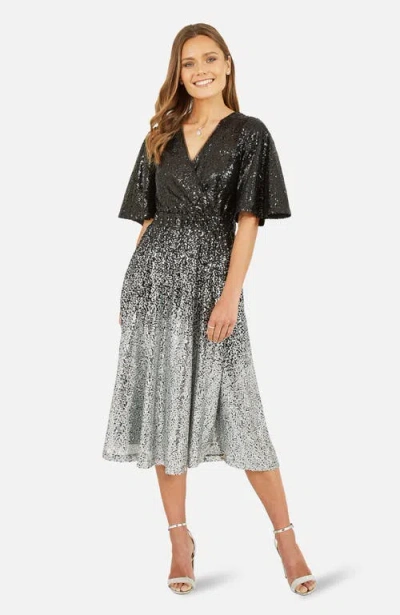 Yumi Ombre Sequin V-neck Midi Dress In Black