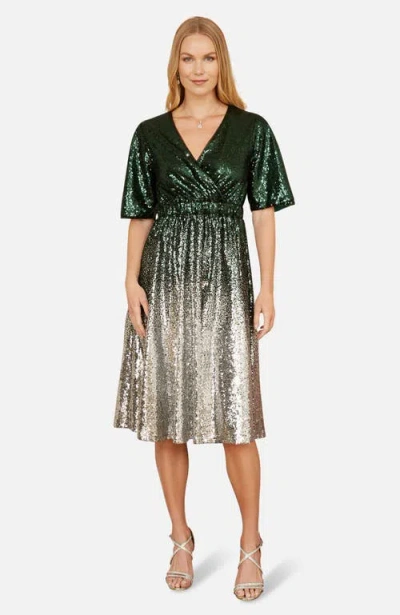 Yumi Ombre Sequin V-neck Midi Dress In Green