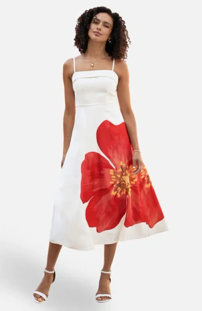 Yumi Oversize Poppy Placement Midi Sun Dress In White