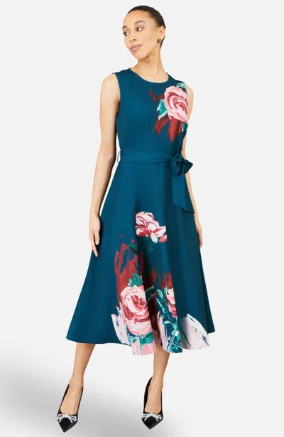 Yumi Painterly Fit Flare Midi Dress In Green