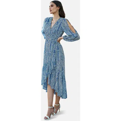 Yumi Paisley Dipped Hemline Midi Dress In Blue