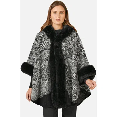 Yumi Paisley Print Faux Fur Trim Cape In Black