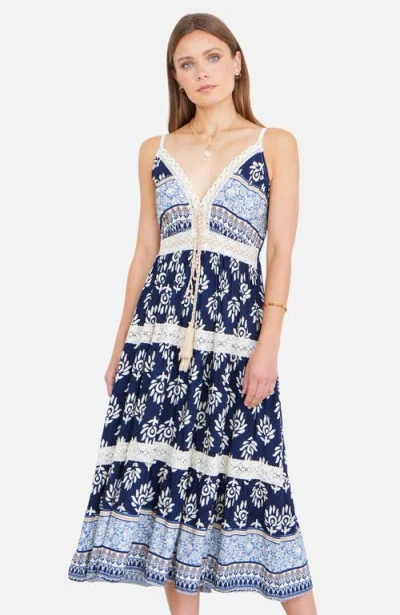Yumi Paisley Print Midi Sun Dress In Blue
