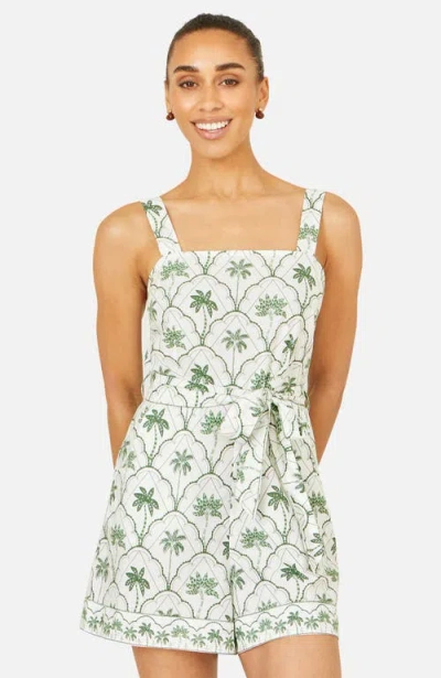 Yumi Palm Print Cotton Playsuit In White