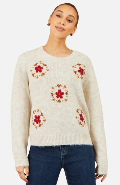Yumi Patch Floral Embroidered Relaxed Jumper In Neutral
