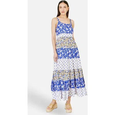 Yumi Patchwork Print Tiered Maxi Dress In Blue