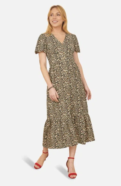 Yumi Pleated Button Through Midi Dress In Brown