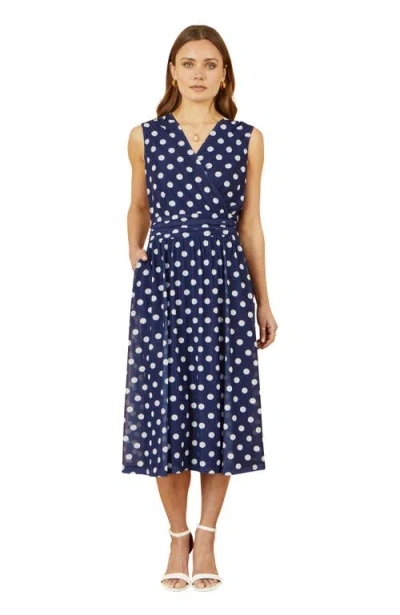 Yumi Polka Dot Mesh Wrap Skater Dress In Blue