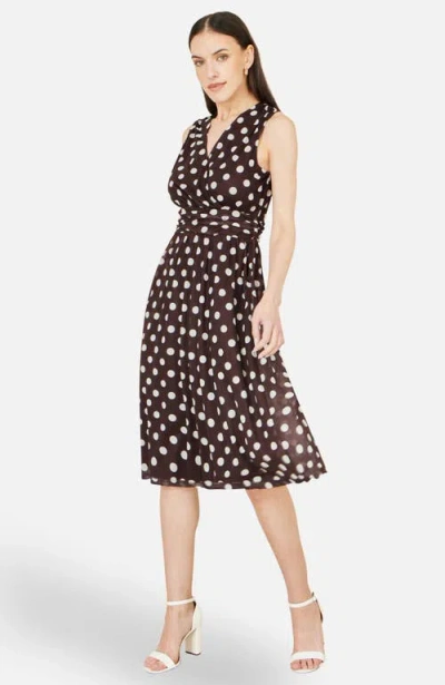 Yumi Polka Dot Mesh Wrap Skater Dress In Brown