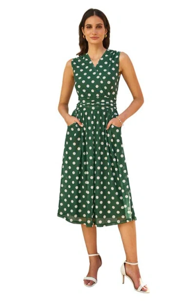 Yumi Polka Dot Mesh Wrap Skater Dress In Green