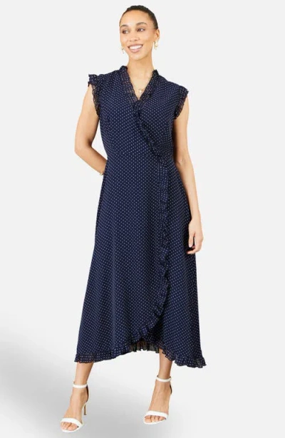 Yumi Polka Dot Midi Wrap Dress In Blue
