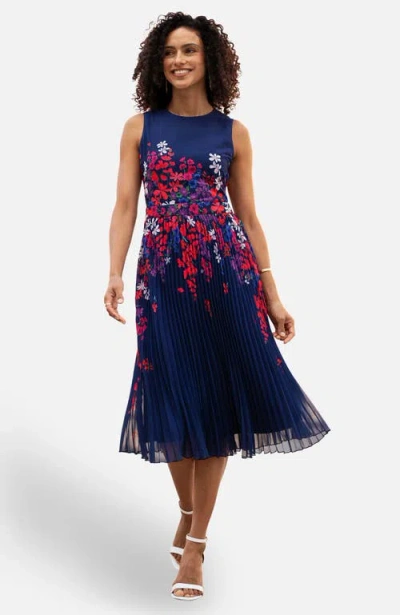 Yumi Printed Pleated Midi Dress In Blue