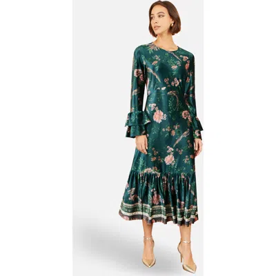 Yumi Printed Velvet Midi Frill Dress In Green