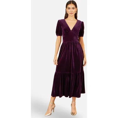 Yumi Puff Sleeve V-neck Velvet Midi Dress In Purple