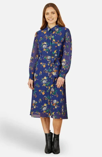 Yumi Raccoon Print Shirt Midi Dress In Navy