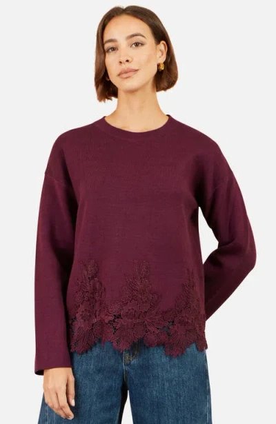 Yumi Relaxed Jumper With Lace Trim In Burgundy