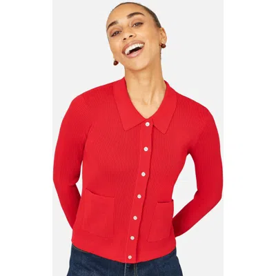Yumi Ribbed Collar Button Up Cardigan In Red