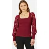 Yumi Ribbed Knitted Lace Sleeve Top In Burgundy