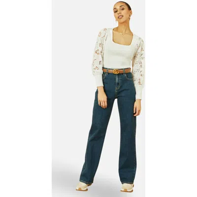 Yumi Ribbed Knitted Lace Sleeve Top In Multi