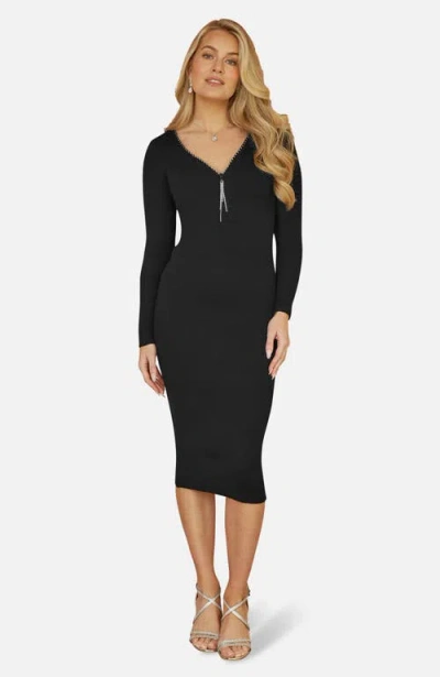 Yumi Ribbed Zip-neckline Fitted Midi Dress In Black