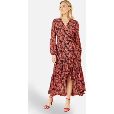 Yumi Rose Print Dipped Hemline Midi Dress In Red