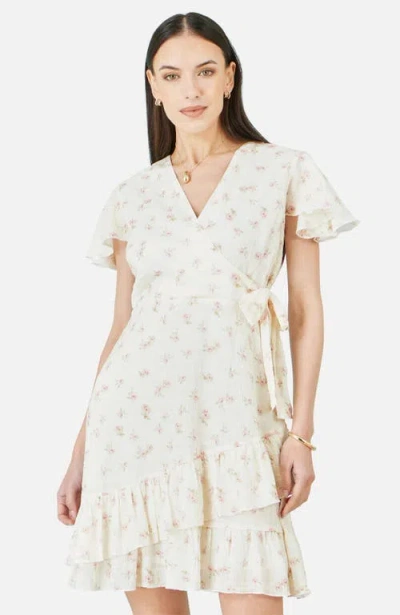Yumi Rose Print Wrap Over Frill Dress In White