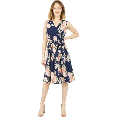 Yumi Rose Printed Wrap Over Sleeveless Dress In Blue