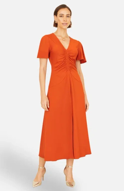 Yumi Ruched Front Stretch Midi Dress In Orange