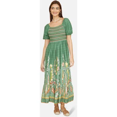 Yumi Ruched Leaf Print Maxi Dress In Green