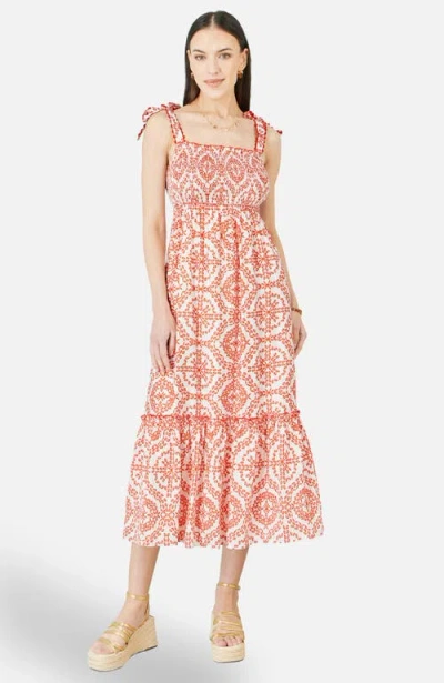 Yumi Ruched Tie Strap Midi Sun Dress In Red