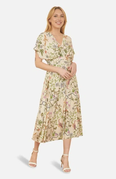 Yumi Floral Print Ruched Waist Midi Dress In Sand