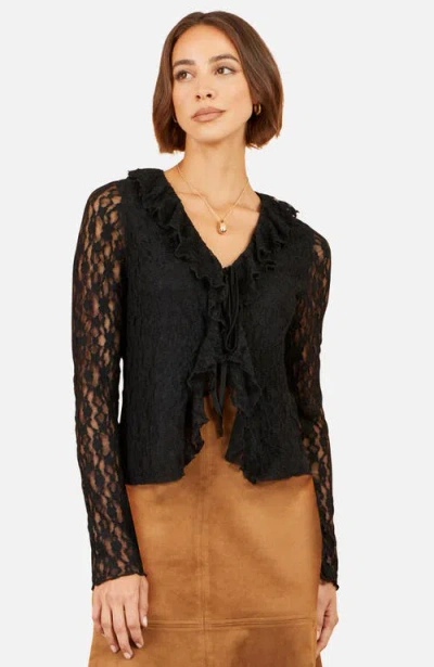 Yumi Ruffled Lace Tie Neck Top In Black