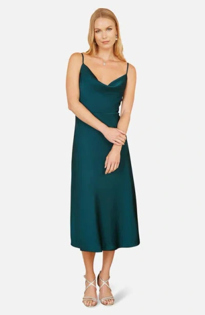 Yumi Satin Cowl Neck Midi Dress In Green