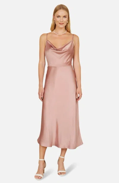 Yumi Satin Cowl Neck Midi Dress In Pink