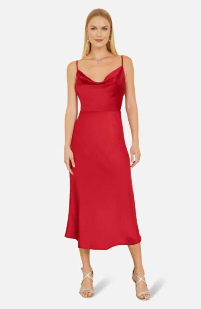 Yumi Satin Cowl Neck Midi Dress In Red