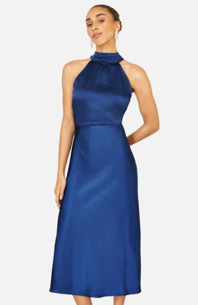 Yumi Satin Halter Neck Midi Dress In Blue